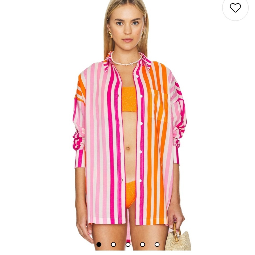 BEACH RIOT Alexa Top swim cover up in Sunset Stripes pink, white, orange sz L/XL